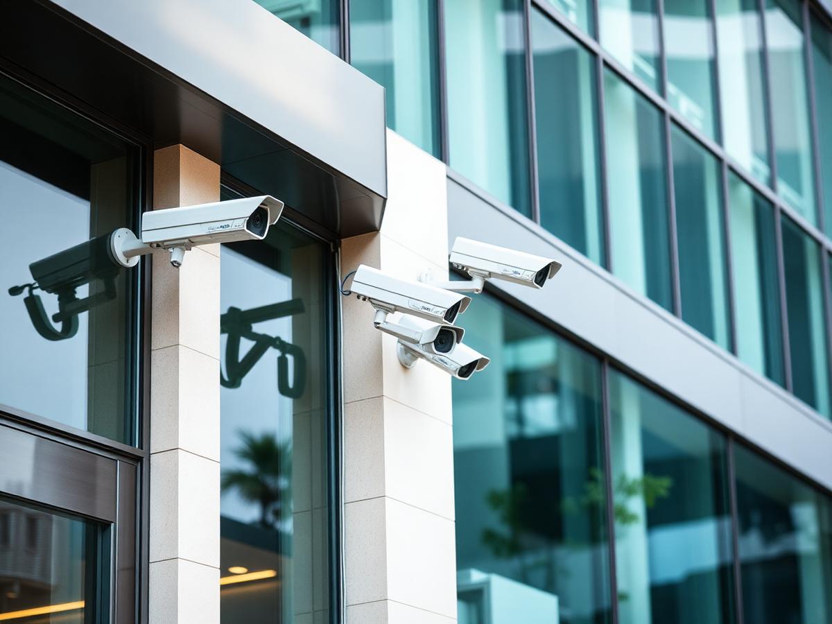 Commercial CCTV cameras on office building exterior